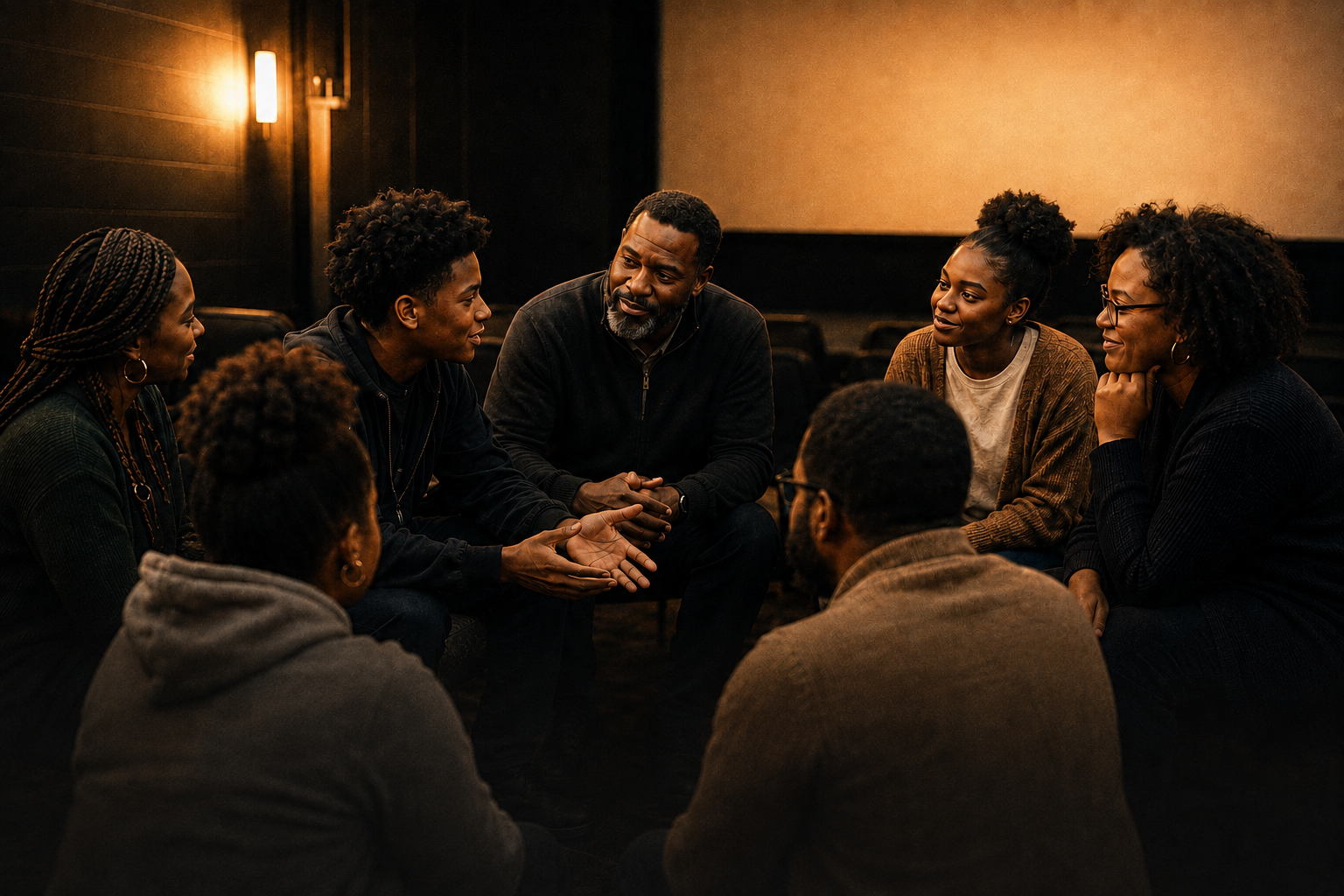 Young people, families and mentors discussing choices after a screening