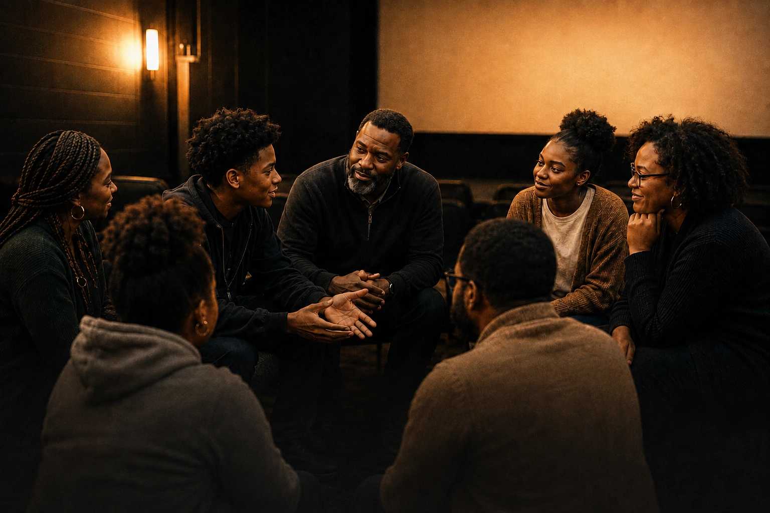 Young people, families and mentors discussing choices after a screening