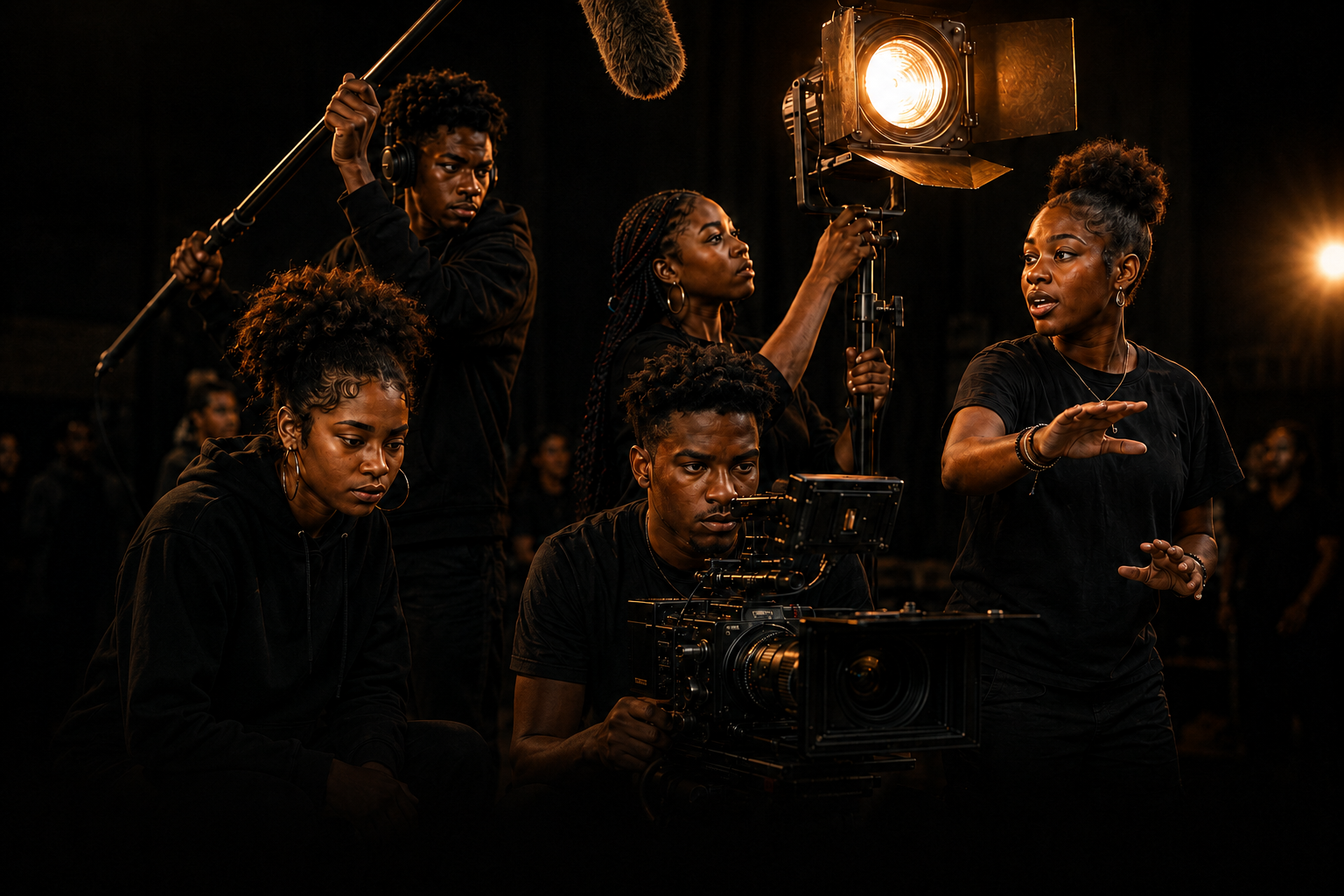 Young production crew learning camera, lighting and sound roles