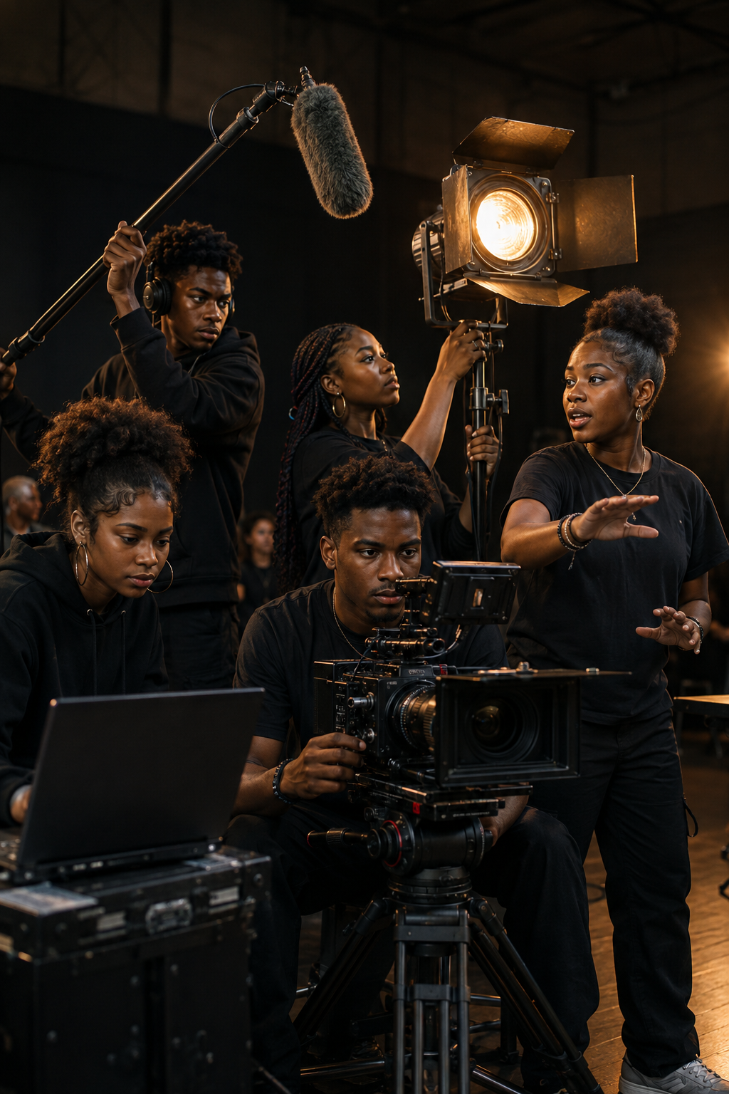 Young people collaborating behind the scenes on a film production