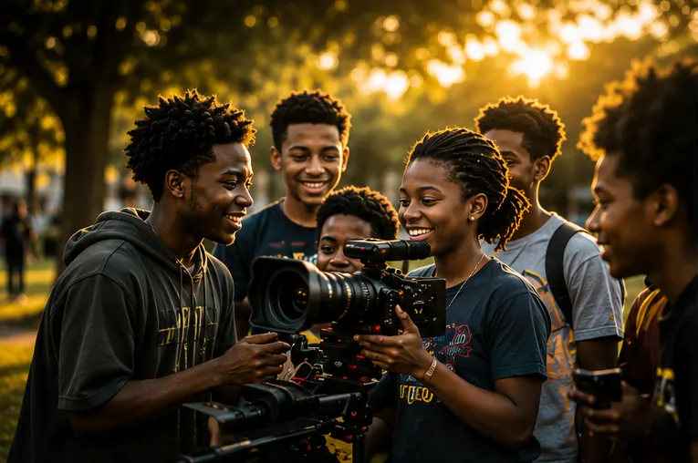 Young people learning professional camera operation together