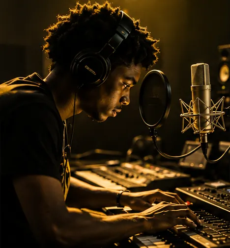 Young music producer working at a keyboard and studio microphone