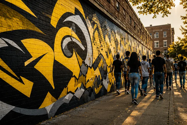 Young people walking together beside a St. Louis mural