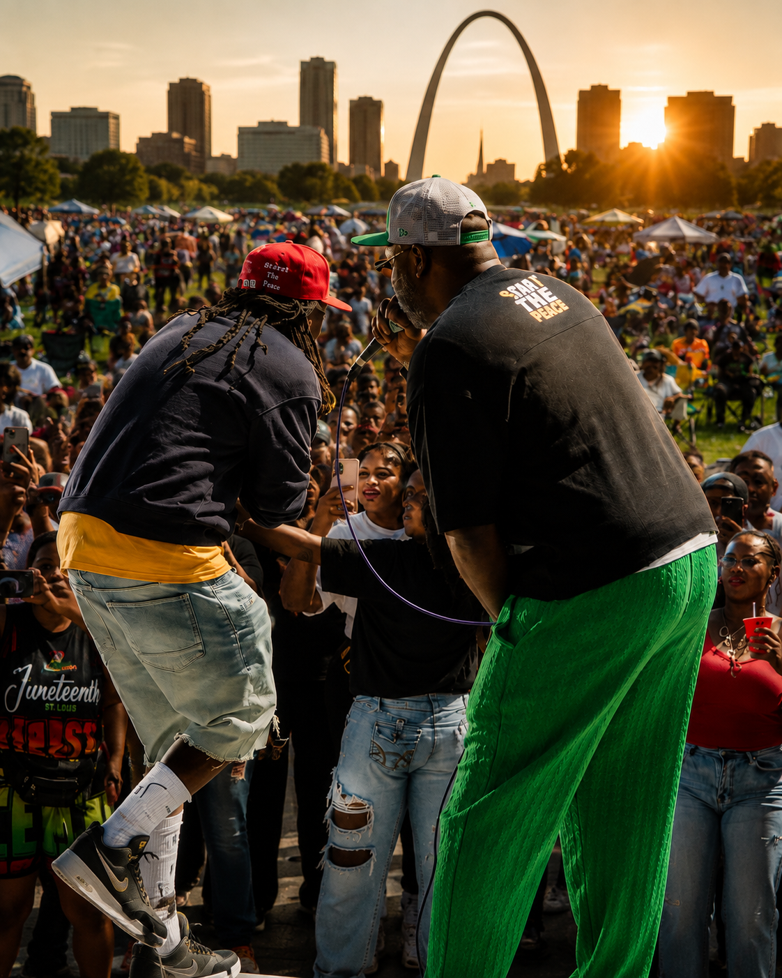 Start the Peace performers engaging a festival crowd beneath the Gateway Arch